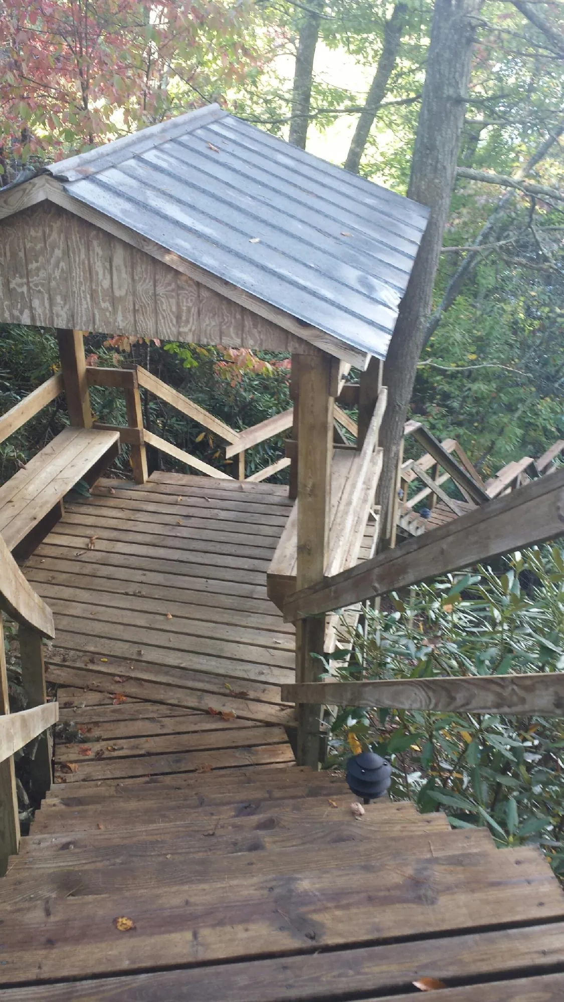 Metal roofed shelter over wooden steps on a wooded walkway — Skylight Repair & Installation work by our crew in Spray
